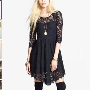 Free People Womens 0 Black Lace Mesh Embroidered 3/4 Sleeve Party Mini Dress